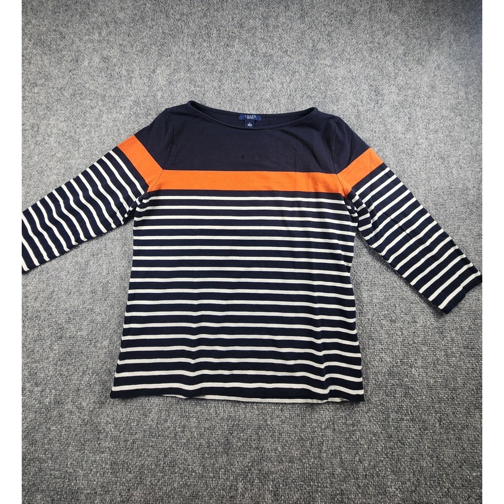 Chaps Womens Boat Neck Striped Top Navy Blue Orange White Large L 3/4 Sleeve